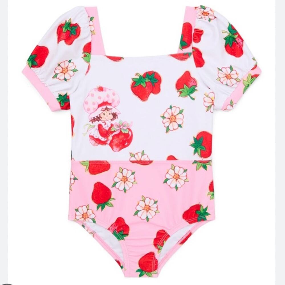 Strawberry Shortcake Retro Y2K  Girl Puff- Sleeve One- Piece Swimsuit (0840)